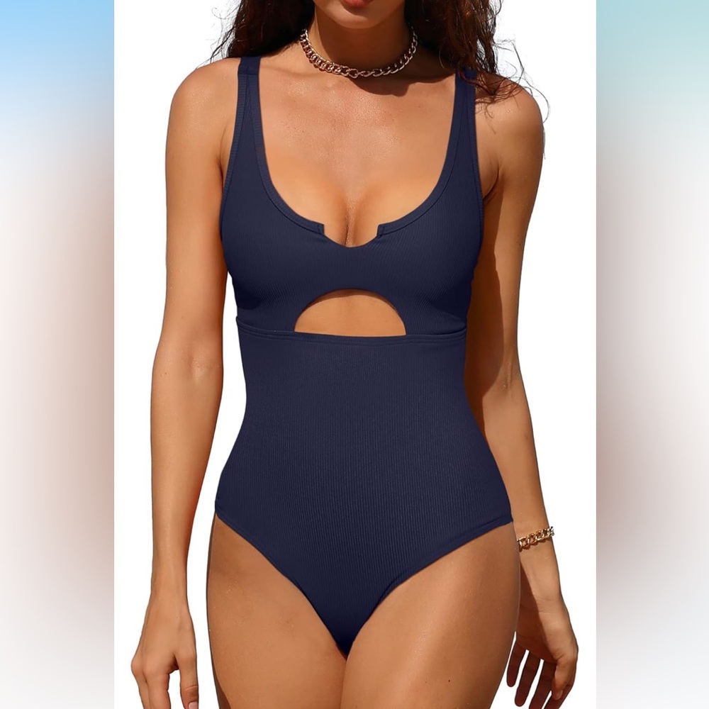🚘Sleek and ribbed Blue One-Piece Swimsuit with Plunging Neckline and cut out XL